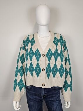 Design Lab Lord & Taylor Cream and Teal Argyle V-Neck Button Cardigan Sz XL